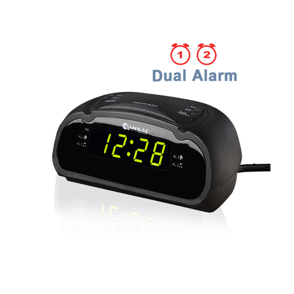 Sansai LED AM/FM Dual Alarm Clock Radio with Battery Backup + Snooze (Black)
