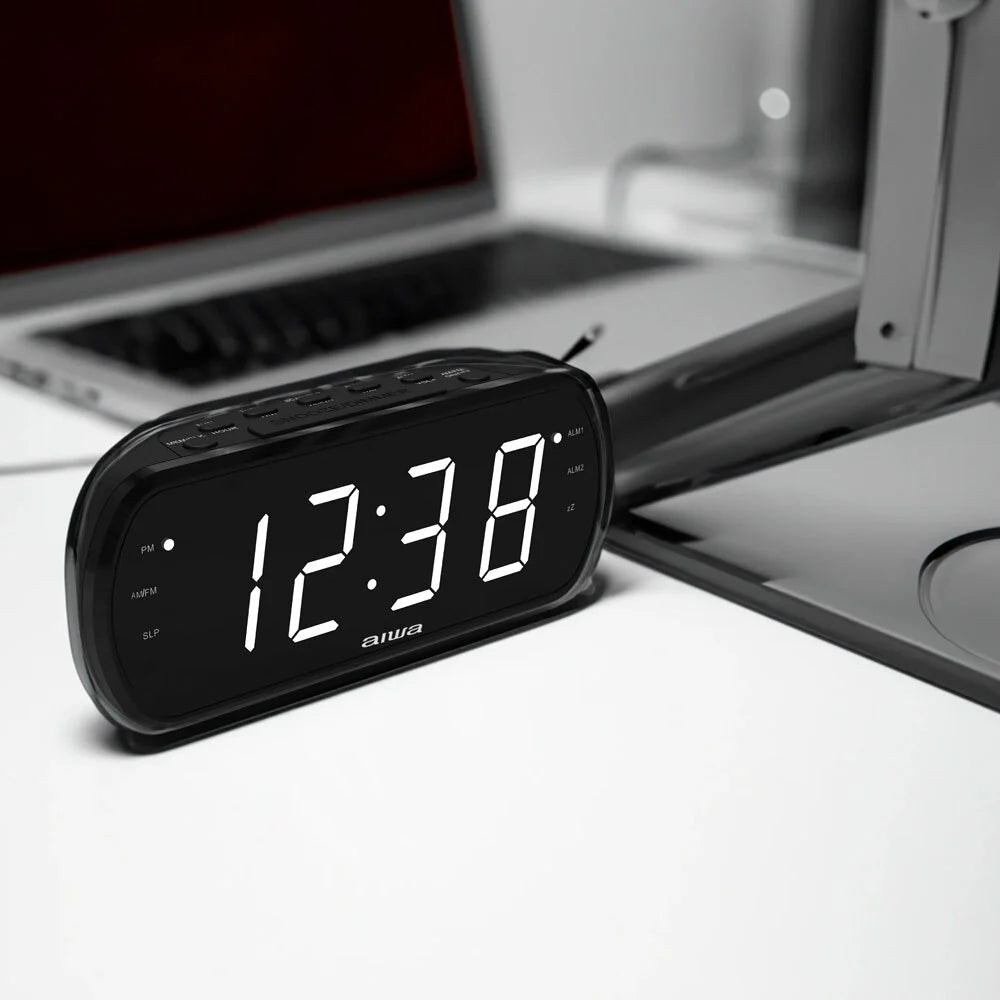Aiwa Dual Alarm Clock Radio with Large LED Display & Backup Battery (Black)